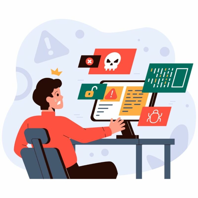 clipart of a man sitting at desk with a computer that has many problems