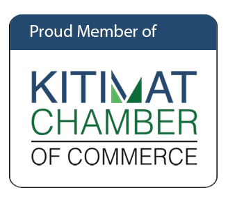Logo for the Kitimat Chamber of Commerce in dark navy blue and bright green