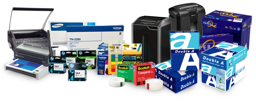 office supplies grouped together, file folders, ink, tape, toner