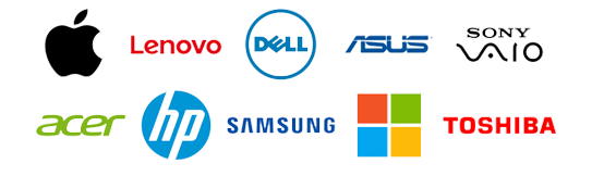 grouping of computer and laptop brand logos including Windows, Dell, HP, Samsung, Lenovo