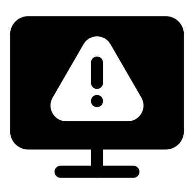 a black shape of a computer monitor with a white triangle on it, with an exclamation mark.